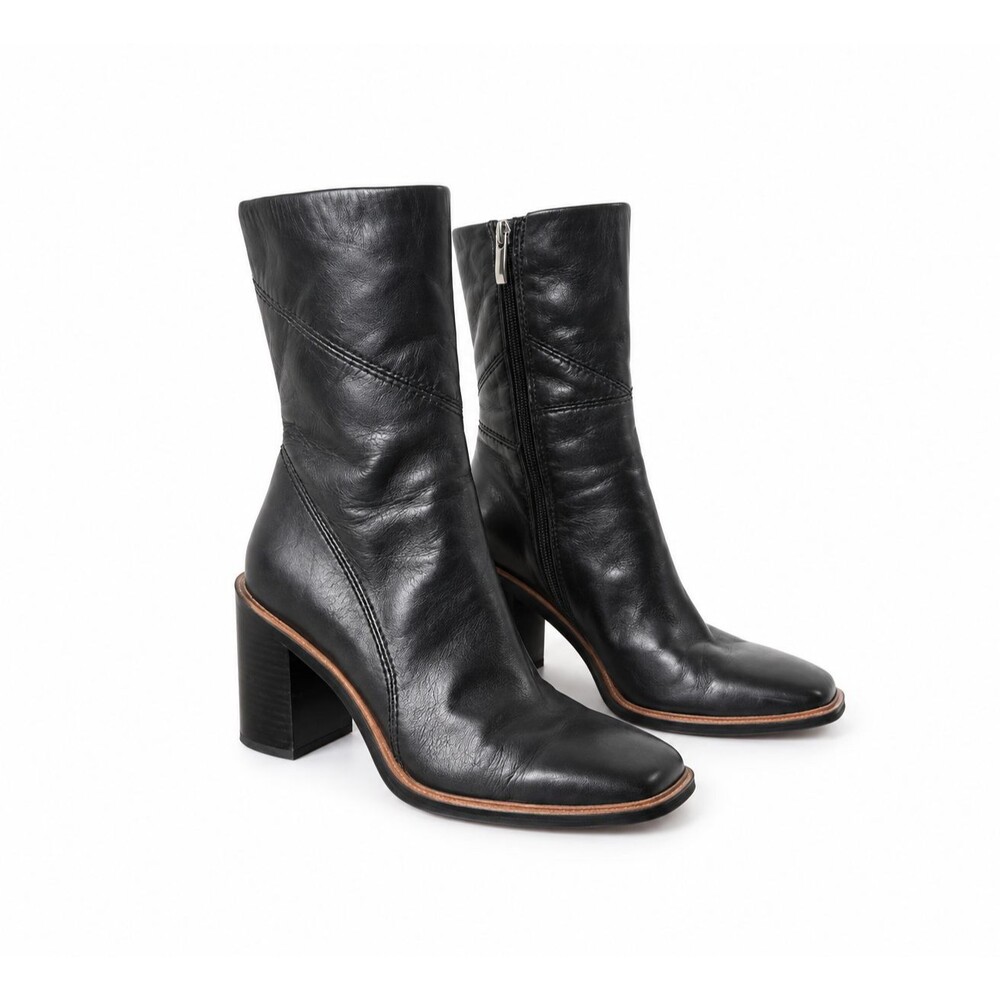 Franco Sarto Black Leather Mid Calf Boots Women 7 Square Toe Minimalist Chic Fal